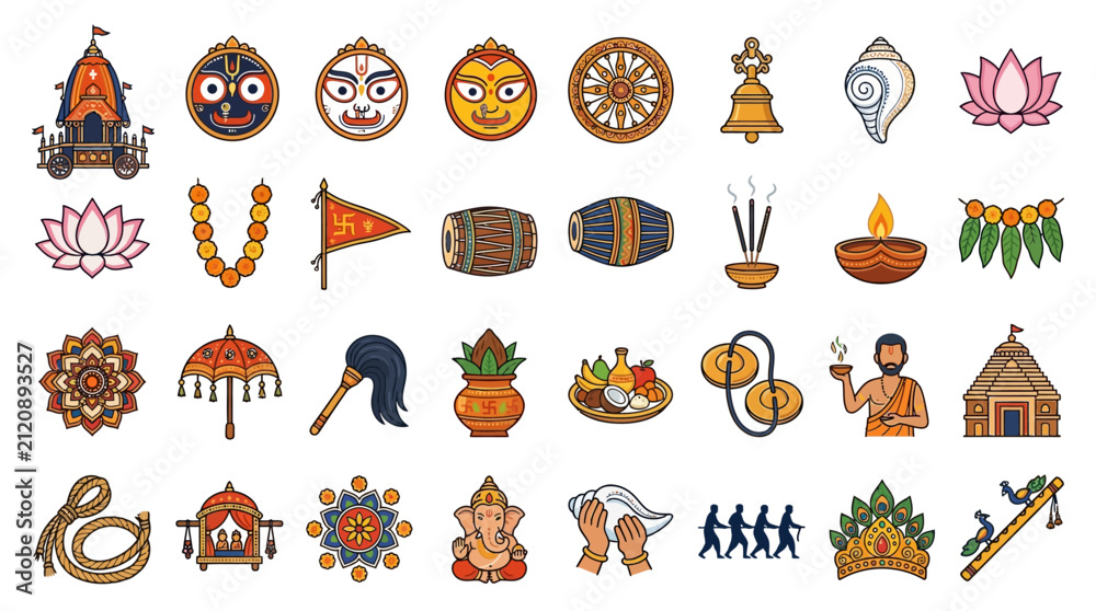 Fototapeta premium Set of colorful icons representing traditional Indian religious festivals and cultural symbols.