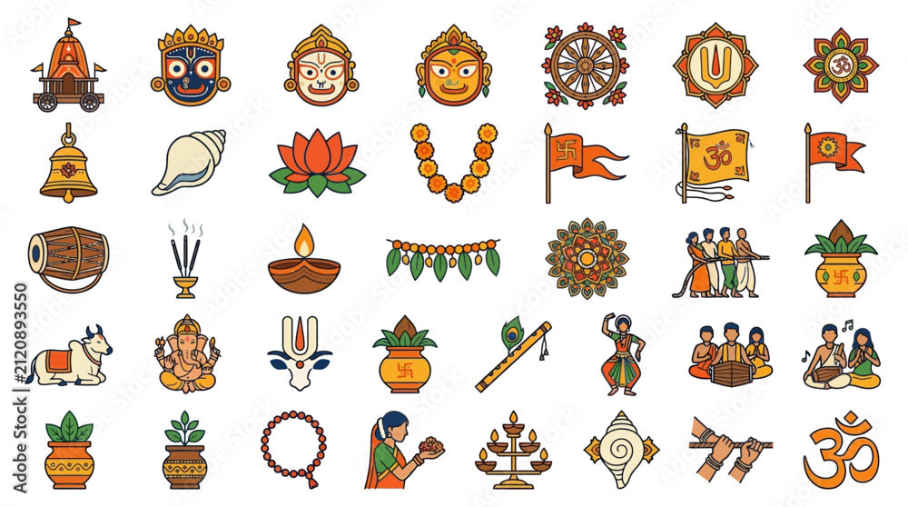 Fototapeta premium Set of colorful flat icons representing various Hindu religious symbols and cultural traditions.
