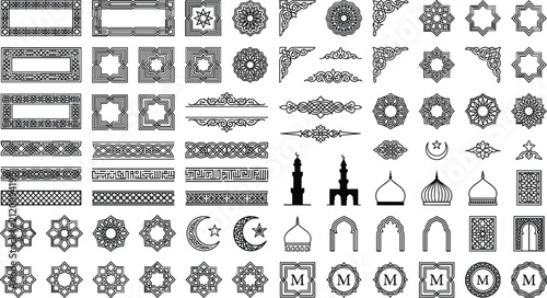 Set of black Islamic geometric patterns, decorative Arabic ornaments and frames vector illustration design