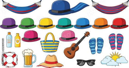 Summer Vacation Leisure Icon Set with Colorful Bowler Hats Hammocks Guitar Beach Bag and Tropical Holiday Elements for Seasonal Travel and Outdoor Relaxation Designs