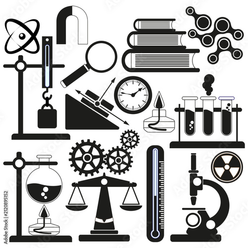 Icon set with physics laboratory equipment. Silhouettes. Isolated on white background. Vector illustration.