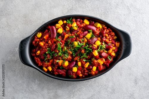 Mexican chili con carne with kidney beans and corn in a black ceramic dish on stone background for restaurant menus and culinary advertising