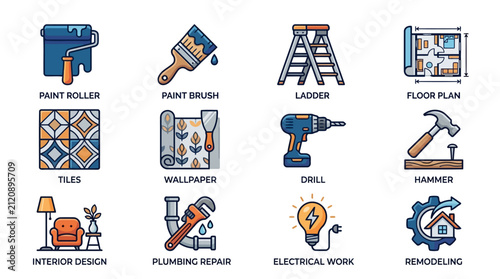 Home renovation and improvement flat icons set with tools interior design and construction elements.