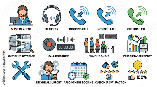 Customer support and call center service icons with help desk agents communication and statistics.
