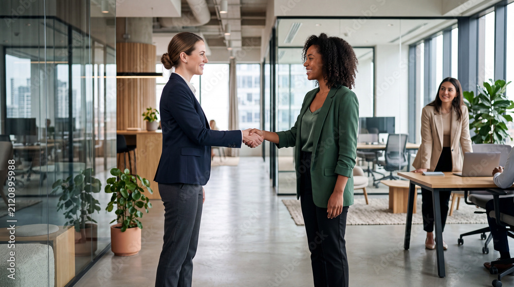 Fototapeta premium Diverse Businesswomen Shaking Hands in Modern Office After Successful Business Meeting