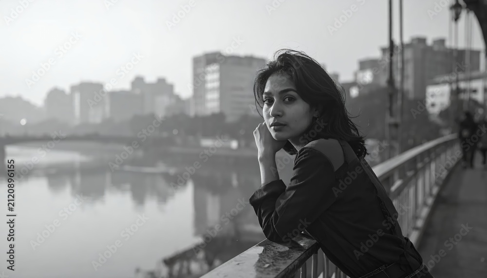 Fototapeta premium Young woman looking thoughtfully over a city bridge at sunrise.