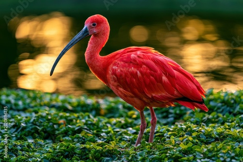 Scarlet ibis bird standing on green shrubs near golden hour water with sharp focus for wildlife and nature conservation marketing