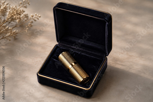 Open dark velvet jewelry box with gold lipstick case, luxury beauty and elegant simplicity concept.