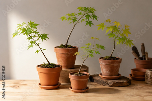 Angled saplings in terracotta pots, prepared growth and workspace concept