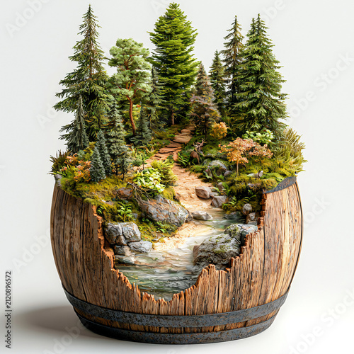 Lush Forest Scene in Wooden Barrel with Stream and Pathway Decor