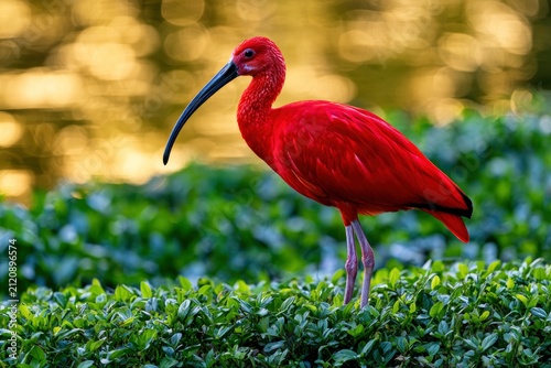 Vibrant scarlet ibis standing on dense emerald foliage against a sunlit golden pond in a sharp telephoto shot for wildlife conservation branding