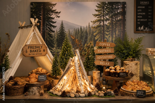 Nature-inspired counter with canvas tent, birch logs and LED lights, indoor camping decor concept.