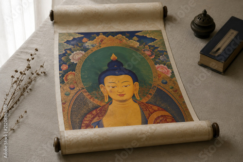 Thangka scroll curved on linen cloth, hand-painted Buddha face with mineral pigments, sacred art and mindfulness display concept