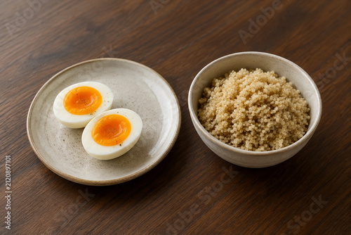 Soft-boiled eggs and quinoa bowl on dark wood, healthy breakfast concept.