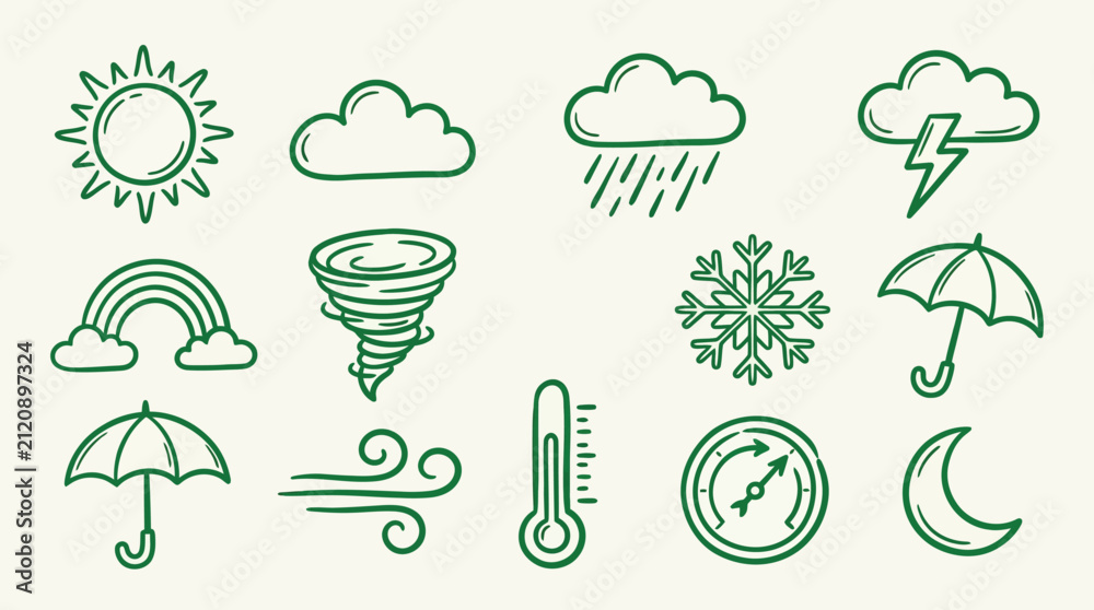 Obraz premium A collection of hand-drawn green weather icons, including sun, clouds, rain, lightning, rainbow, tornado, snowflake, umbrella, thermometer, wind, compass, and moon.