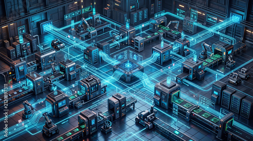 Futuristic smart factory with industry 4.0 automation and manufacturing robotics featuring industrial iot connectivity digital twin technology and automated production lines in a high tech facility.