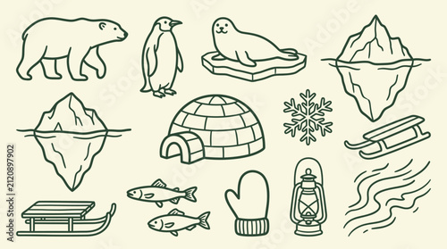 Bild auf Leinwand A charming collection of hand-drawn illustrations depicting arctic animals, winter elements, and survival gear, perfect for educational or thematic designs