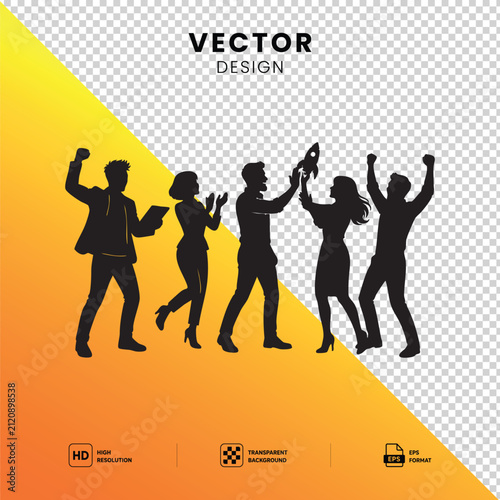 Business Team Silhouette Celebrating Startup Success with Rocket – Corporate Achievement Vector Illustration Isolated on Transparent Background

