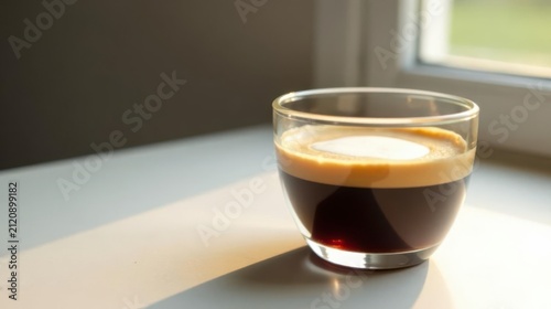 Aromatic Coffee in a Glass Cup, Bathed in Sunlight Near a Window