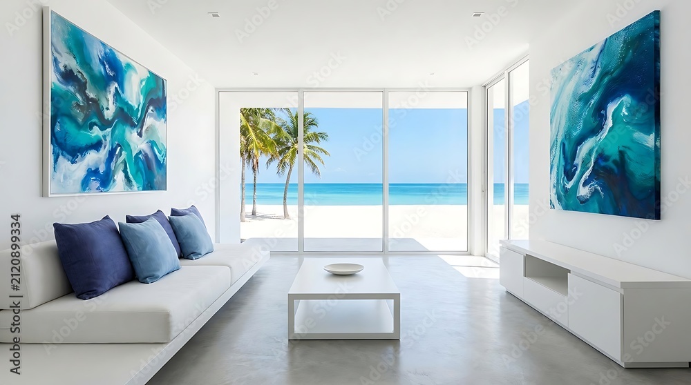 Fototapeta premium Modern living room with ocean view and abstract art during bright daylight