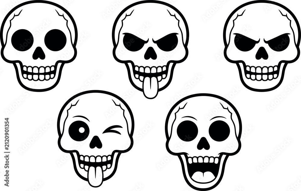 Obraz premium Cartoon Skull Emoji Set Funny Halloween Expressions Vector Line Art Character Collection