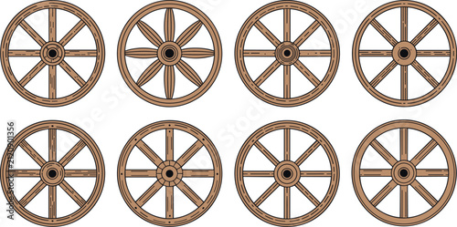 Vintage Wooden Wagon Wheel Vector Set Antique Cart Wheel Collection Wild West Country Design