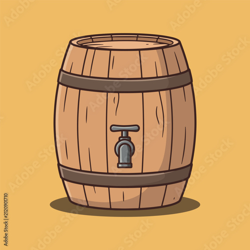 Vector illustration of a classic wooden beer barrel with a metal tap dispenser. Designed in a clean flat style with bold outlines, detailed wood grain texture, and warm color tones. Perfect for Oktobe