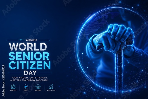 Close up of elderly person hands holding a walking cane abstract digital art world senior citizens day with abstract technology stability strength connection. senior citizens day
