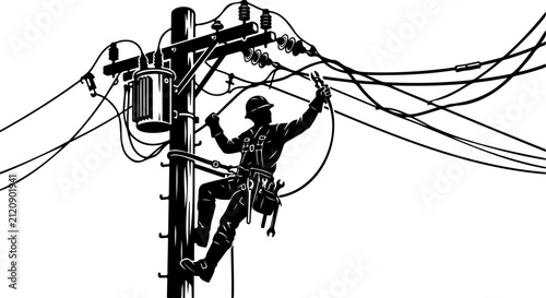 Принти на полотні Utility Worker Climbing Electrical Pole