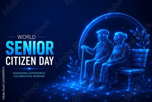 Digital wireframe representation of an elderly couple sitting on a bench for world senior citizen day. senior citizens day with citizens wireframe technology. senior citizens day