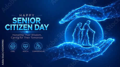 Abstract blue digital representation of hands protecting an elderly couple for happy senior citizen day. senior citizens day with protecting citizens security. senior citizens day