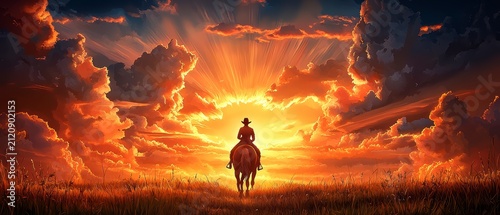 Dramatic Cowboy on Horse Silhouette Riding into Golden Sunset Illustration