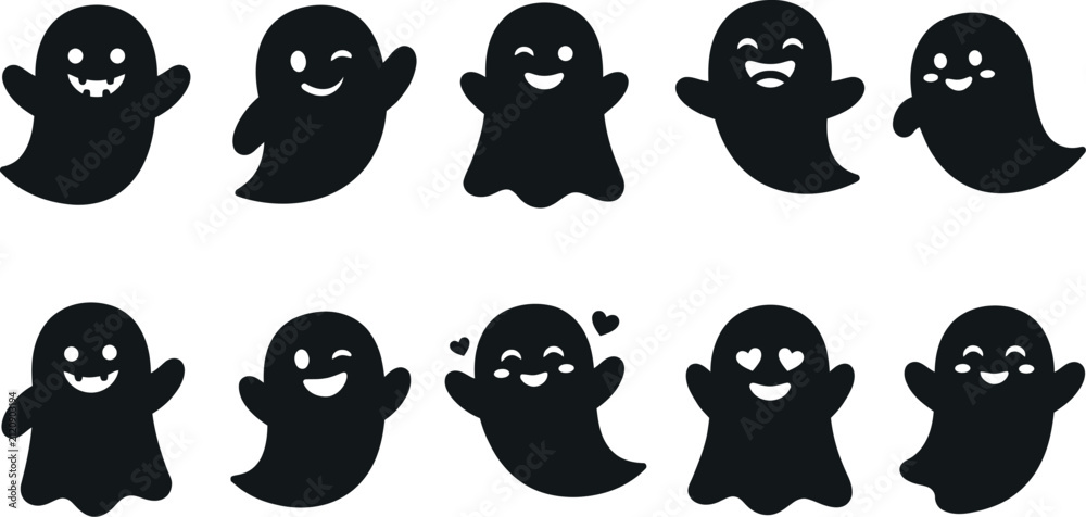 Obraz premium Cute halloween ghost characters set vector illustration for festive designs