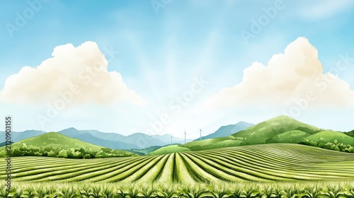 Beautiful Countryside Landscape with Vibrant Green Fields and Rolling Hills under Sunny Blue Sky