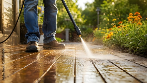 Man Using a High Pressure Washer to Clean a Wooden Garden Decking Surface During the Daytime