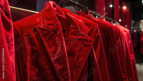 Red velvet suits on clothing rack.
