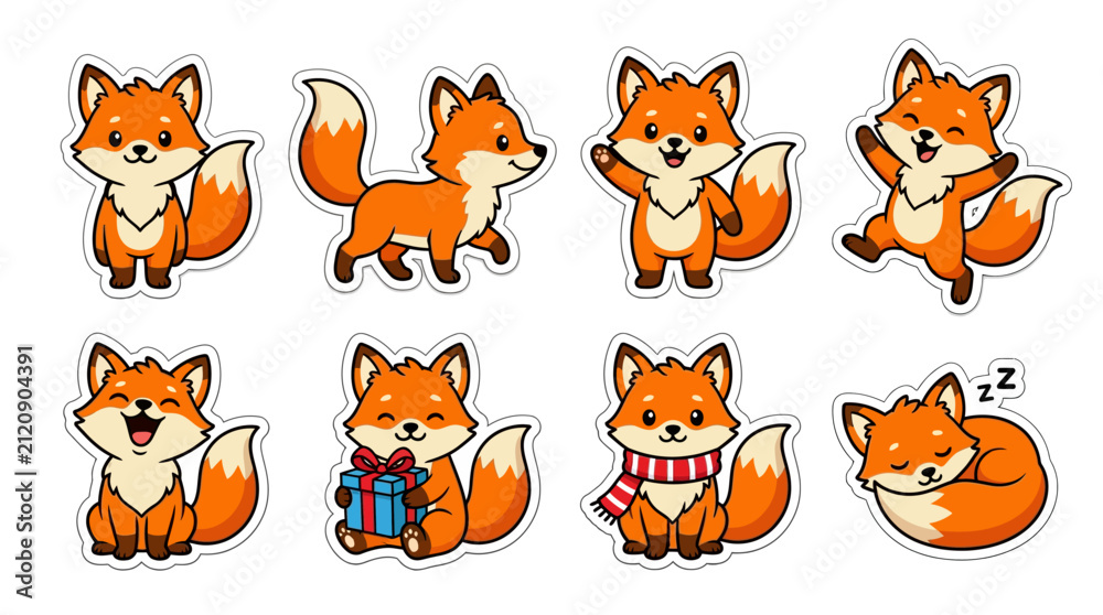 Fototapeta premium Cute cartoon fox sticker set,Adorable fox sticker pack with multiple poses and emotions,vector illustration.
