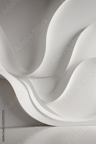 Minimalist abstract composition with flowing white curved surfaces resembling sculptural waves, enhanced by soft shadows that create depth, organic fluidity, and modern elegance.