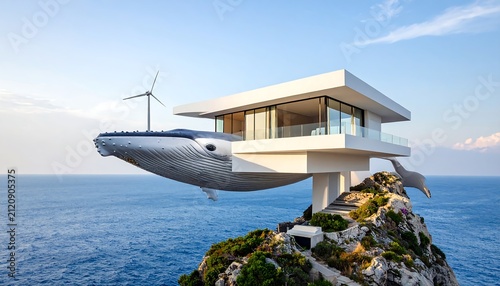 Futuristic minimalist white concrete villa shaped like a majestic whale on a coastal cliff, featuring an infinity pool and eco wind turbines overlooking the blue ocean.