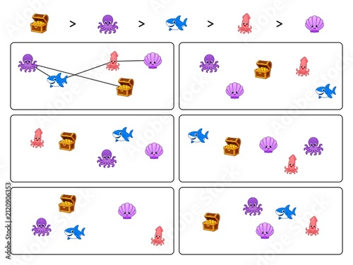 Connect the Pattern Worksheet with Treasure Chest, Octopus and Shark 