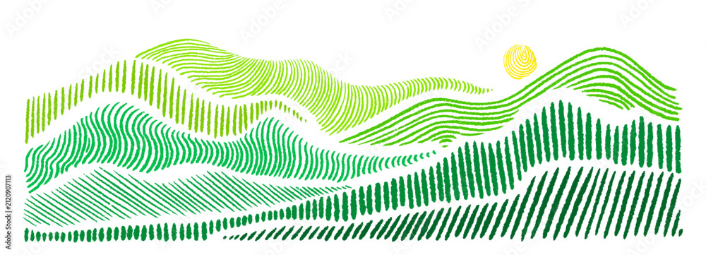 Obraz premium Minimalist mountain pattern with flowing agricultural green fields. Abstract oriental landscape texture featuring elegant curve and pencil graphic lines for grass backdrop and nature template