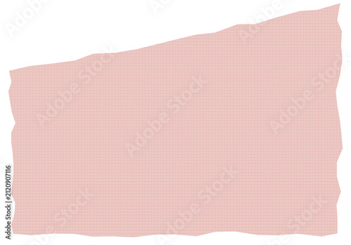 Trapezoid shaped light pink grid paper piece with rough torn edges isolated on transparent background