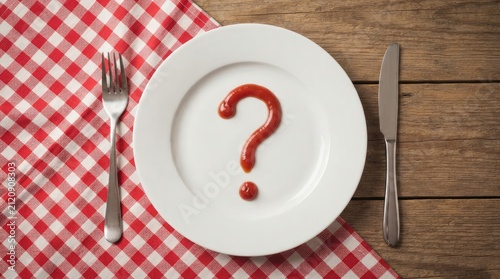 Empty white plate with red question mark sauce on checkered tablecloth with red white checkered cloth rustic wooden surface minimalist dining scene