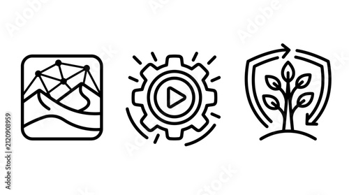 Set of environmental technology and nature connection line icons with technology environment innovation sustainability connection development engineering industry progress technical resource