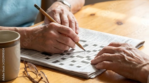 Close up of elderly person solving crossword puzzle.