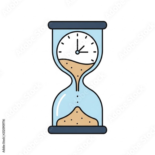 Hourglass with integrated clock face representing time management, deadlines, and passing moments in a flat vector style