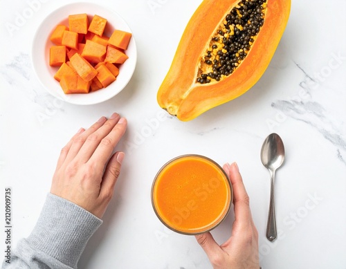 Hands hold a fresh papaya smoothie beside ripe papaya and fruit cubes on a white surface, creating a healthy tropical breakfast with a clean minimalist style