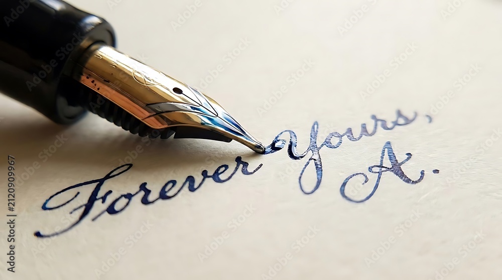 Fototapeta premium Fountain pen nib writing cursive script on paper.