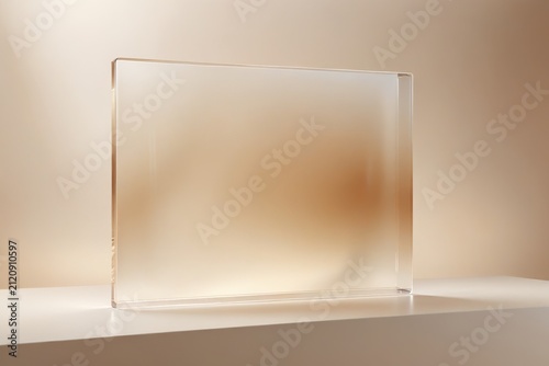 Abstract background featuring a translucent frosted block with smooth edges and warm amber gradient tones, minimalist composition emphasizing light, material, and serene decorative elegance.