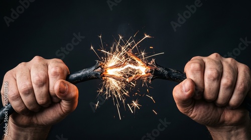 Hands Holding Damaged Electrical Cable with Sparks and Short Circuit
